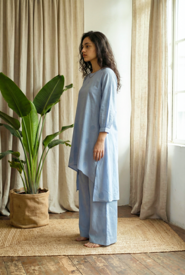 Blue Hand Block Polka Dot Printed Round Neck, High-Low Cotton Kurta with Pants Set of