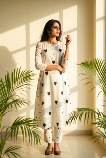  Ivory Black Hand Block Heart Printed Round Neck, Front Placket Cotton Kurta with Pants Set of 2