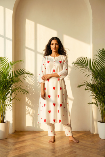  Ivory Red Hand Block Heart Printed Round Neck, Front Placket Cotton Kurta with Pants Set of 2