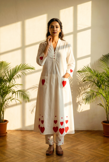  Ivory Red Hand Block Heart Printed V-Neck, Front Placket Cotton Kurta with Pants Set of 2