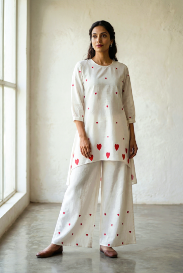 Ivory Red Hand Block Heart Printed Round Neck, High-Low Cotton Kurta with Pants Set of