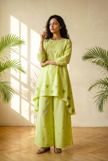 Pista Green Hand Block Heart Printed Round Neck, High-Low Cotton Kurta with Pants Set of