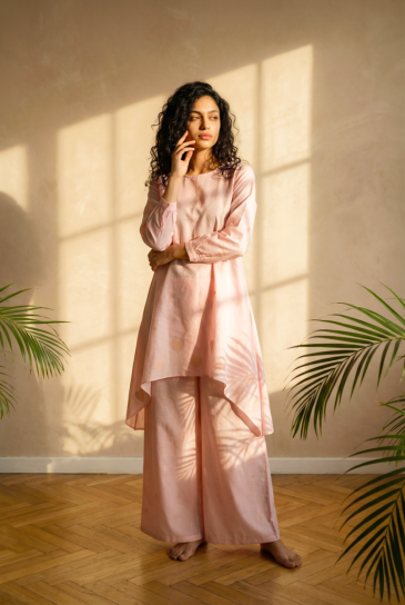 Peach Hand Block Heart Printed Round Neck, High-Low Cotton Kurta with Pants Set of