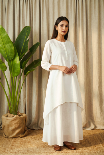 Ivory Round Neck, Front Button Placket Double Layer High-Low Cotton Kurta with Pants Set of 2