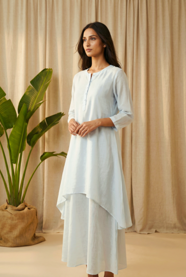 Powder Blue Round Neck, Front Button Placket Double Layer High-Low Cotton Kurta with Pants Set of 2