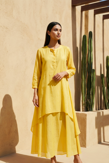 Yellow Round Neck, Front Button Placket Double Layer High-Low Cotton Kurta with Pants Set of 2