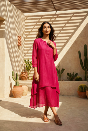 Fuschia Round Neck, Front Button Placket Double Layer High-Low Cotton Kurta with Pants Set of 2