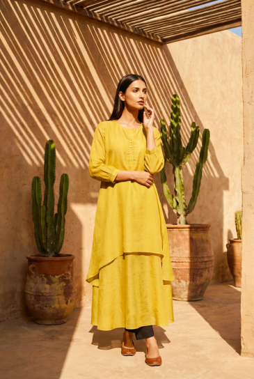 Mustard Round Neck, Front Button Placket Double Layer High-Low Cotton Kurta with Pants Set of 2