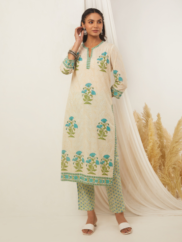 Off-White Green Hand Block Printed Cotton Kurta